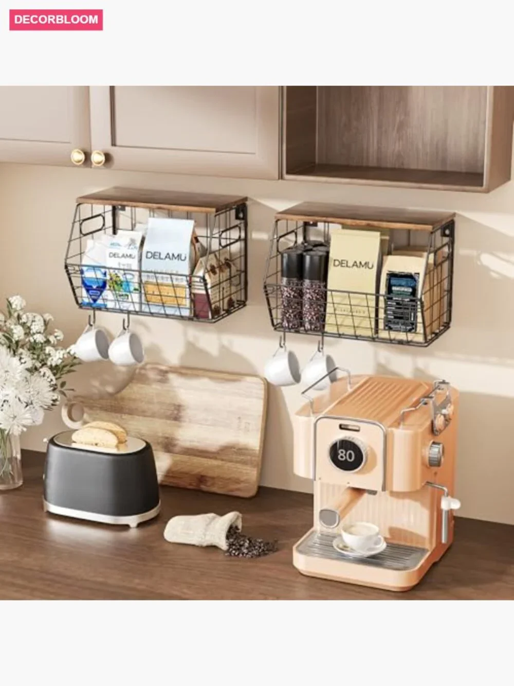 Stackable Metal Fruit Basket with Wood Lid 2 Pack, Hanging Wall Organizer for
